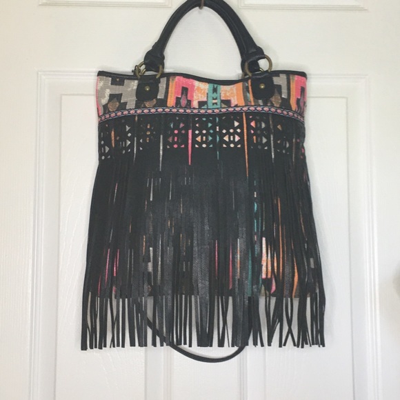 ICING Fringed Aztec Print Crossbody Tote - Picture 1 of 5